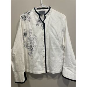 NWT Vintage Roni Bis Linen Top White Black Floral Asian Inspired Womens Sz Med